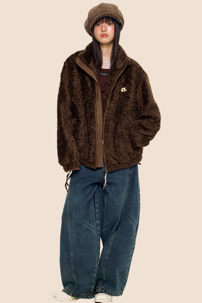 Embroidered Fleece Stand Collar Jacket