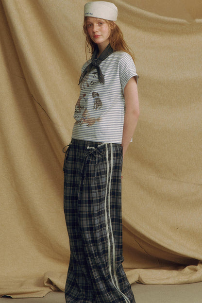 Chic Bow Tie Plaid Wide-Leg Trousers