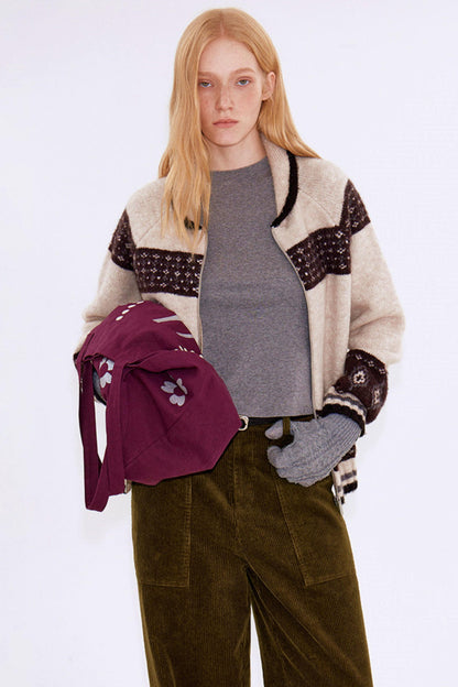 Retro Color-Blocked Wool Cardigan