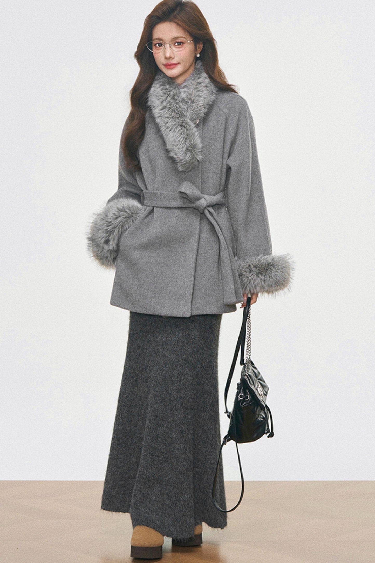 Fur Collar Lace-Up Coat Set-Up