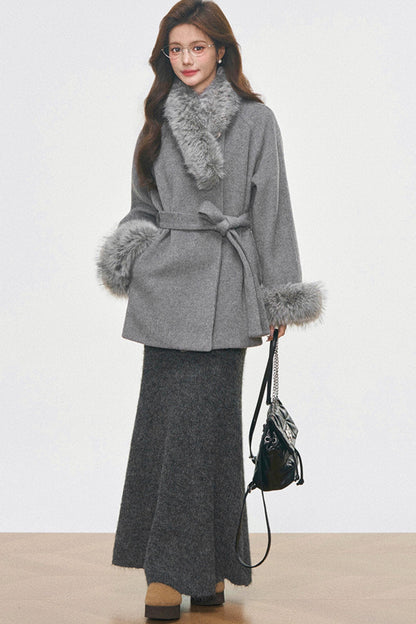 Fur Collar Lace-Up Coat Set-Up