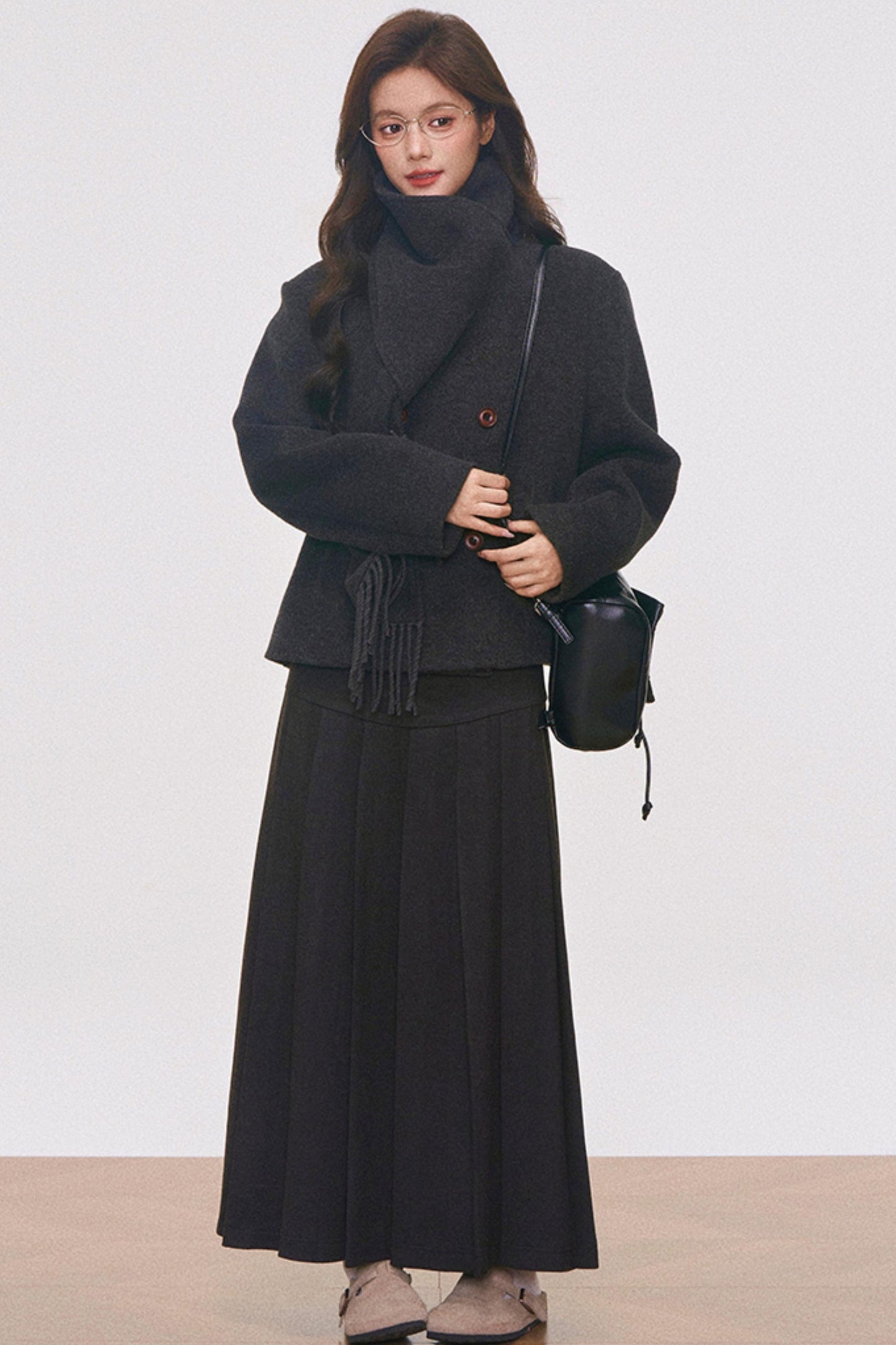 Woolen Coat with Scarf And Skirt Set-Up