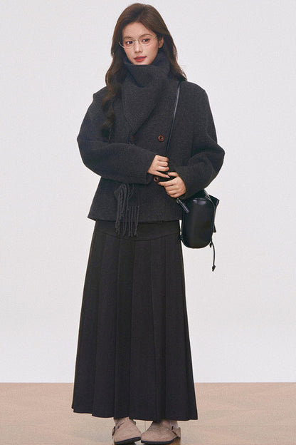 Woolen Coat with Scarf And Skirt Set-Up
