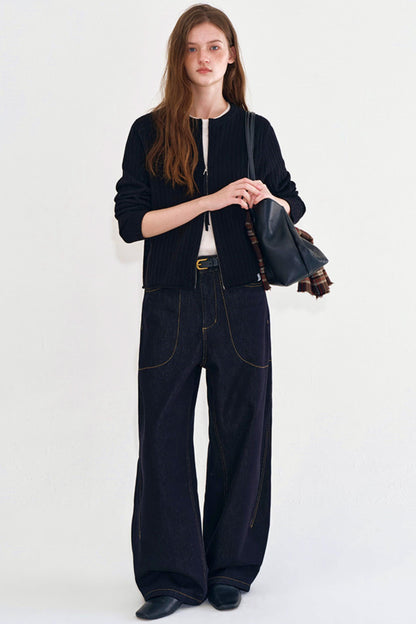 Rolled Edge Double Zipper Knit Cardigan