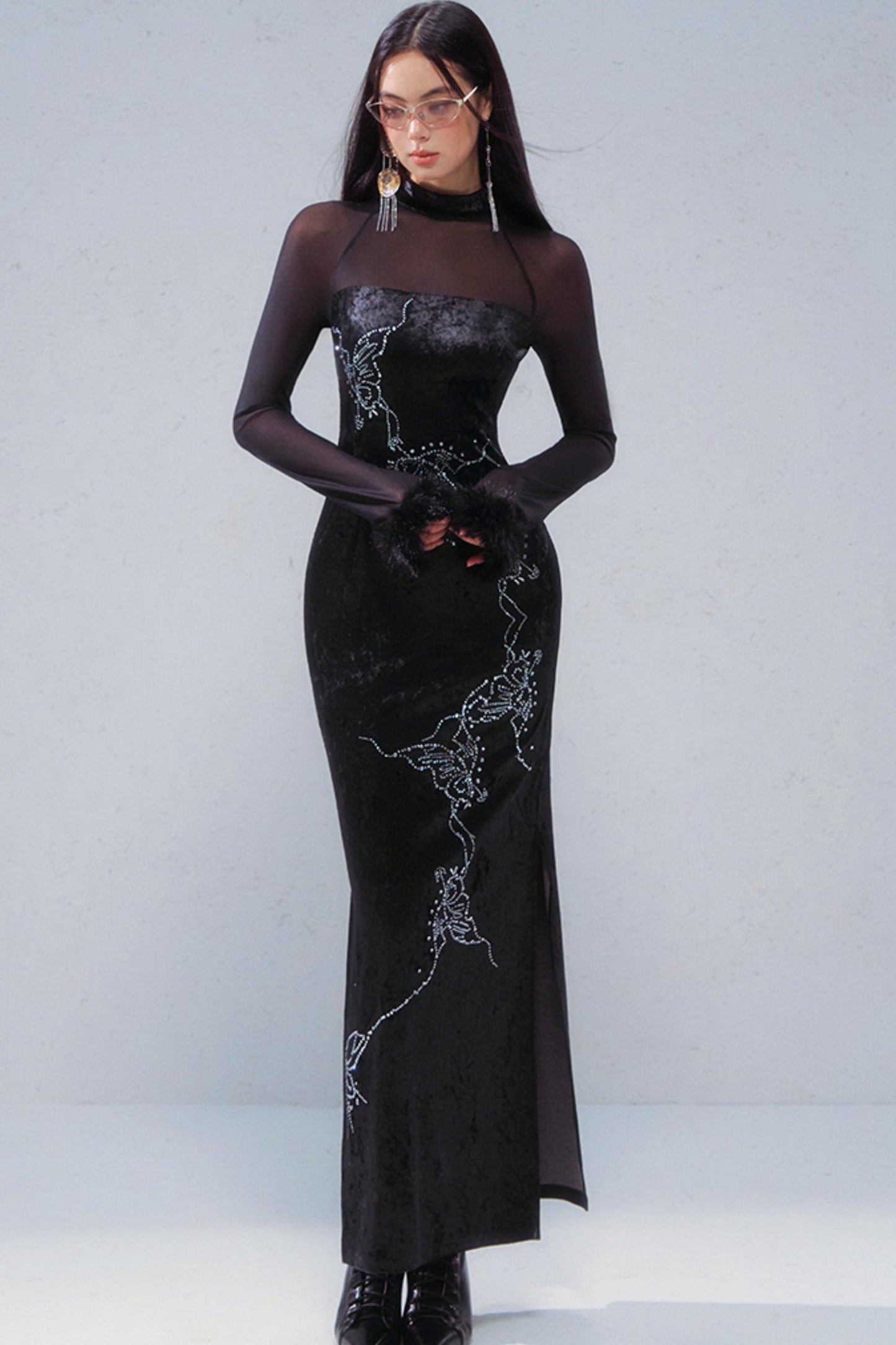 Butterfly Rhinestone Velvet Dress