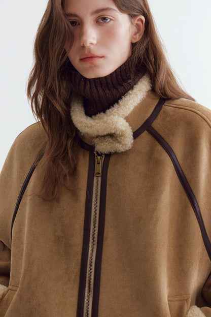 Color-Blocked Suede Shearling Coat
