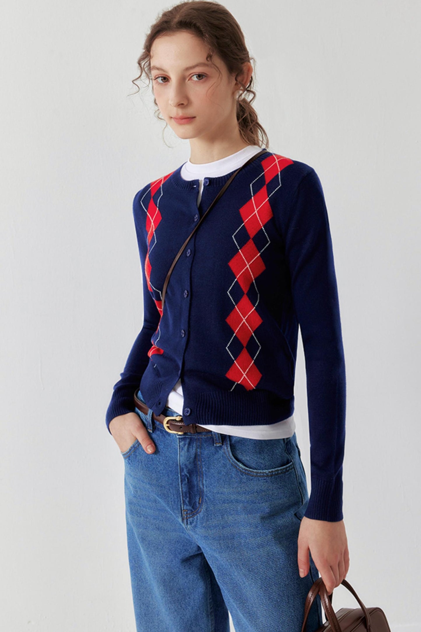 Navy Retro Check Wool Knit Cardigan