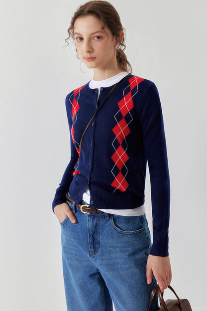 Navy Retro Check Wool Knit Cardigan