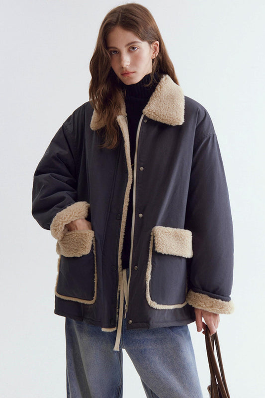 Color-Blocked Lamb Wool Coat