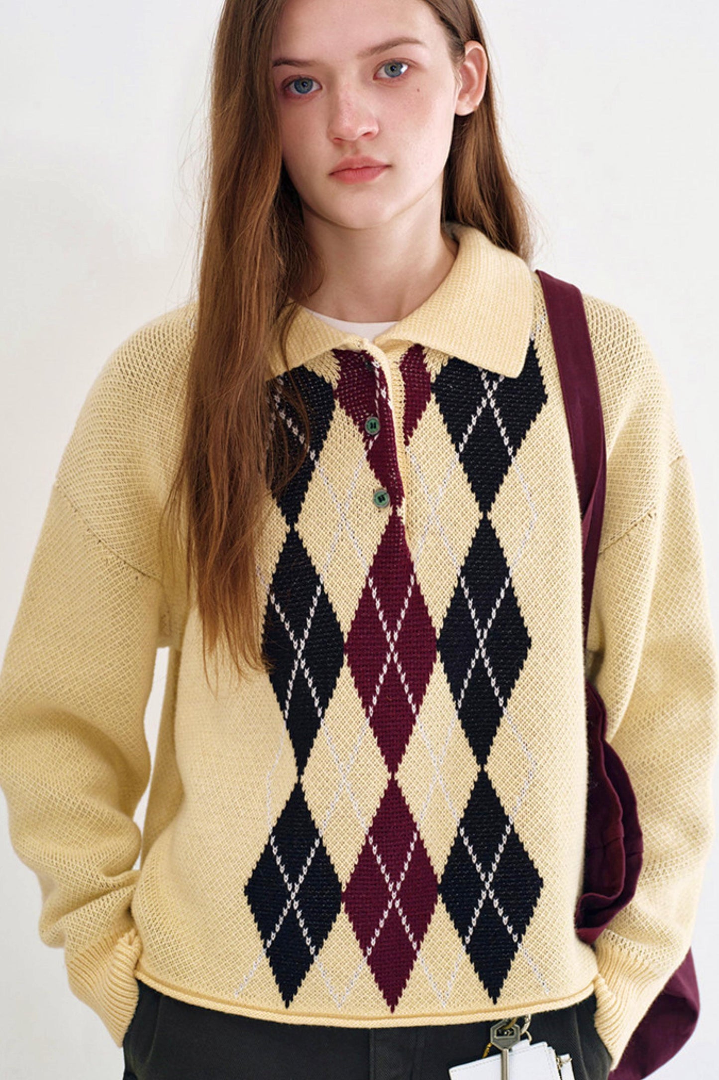 Cream Yellow Argyle Knit Sweater
