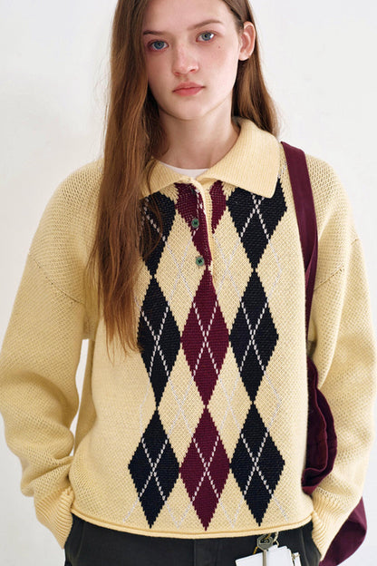 Cream Yellow Argyle Knit Sweater