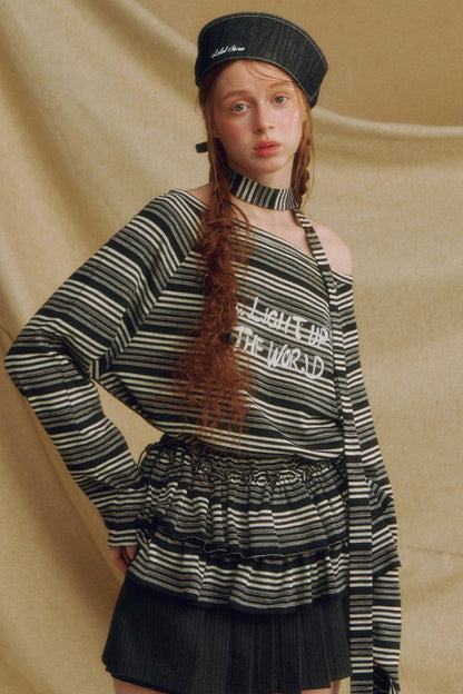 Chic One-Shoulder Striped Lace Top