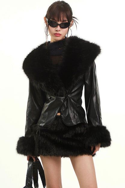 Sexy Black Fur Collar Jacket Set-Up