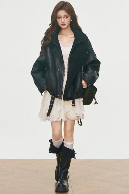 Leather And Fur Motorcycle Jacket Set-Up