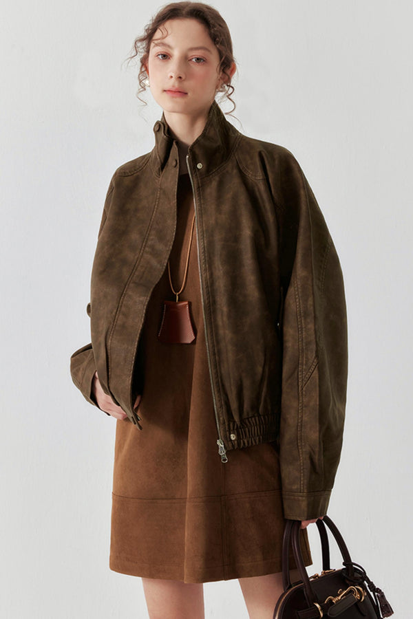 Chic High-Collar PU Leather Jacket