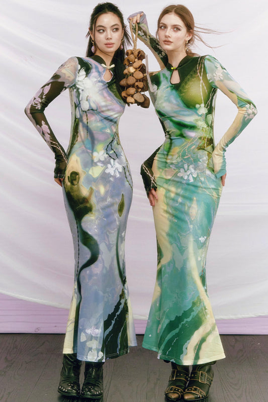 Golden Pearl Impressionist Cheongsam Dress