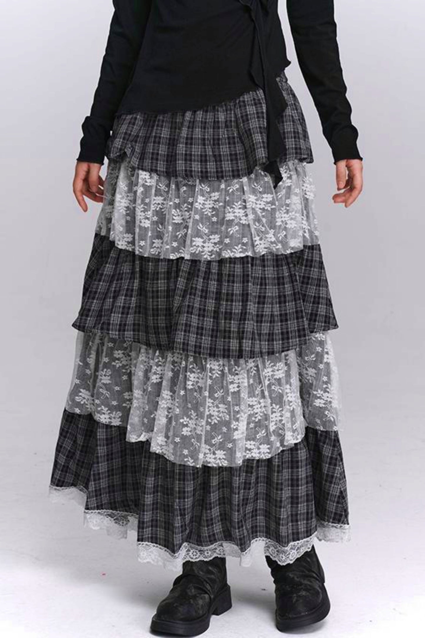 Plaid Tiered Long Skirt