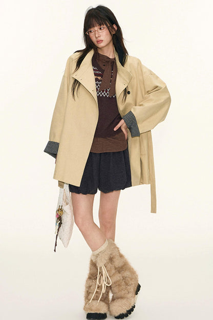 Dual-Purpose Plaid Patchwork Trench Coat