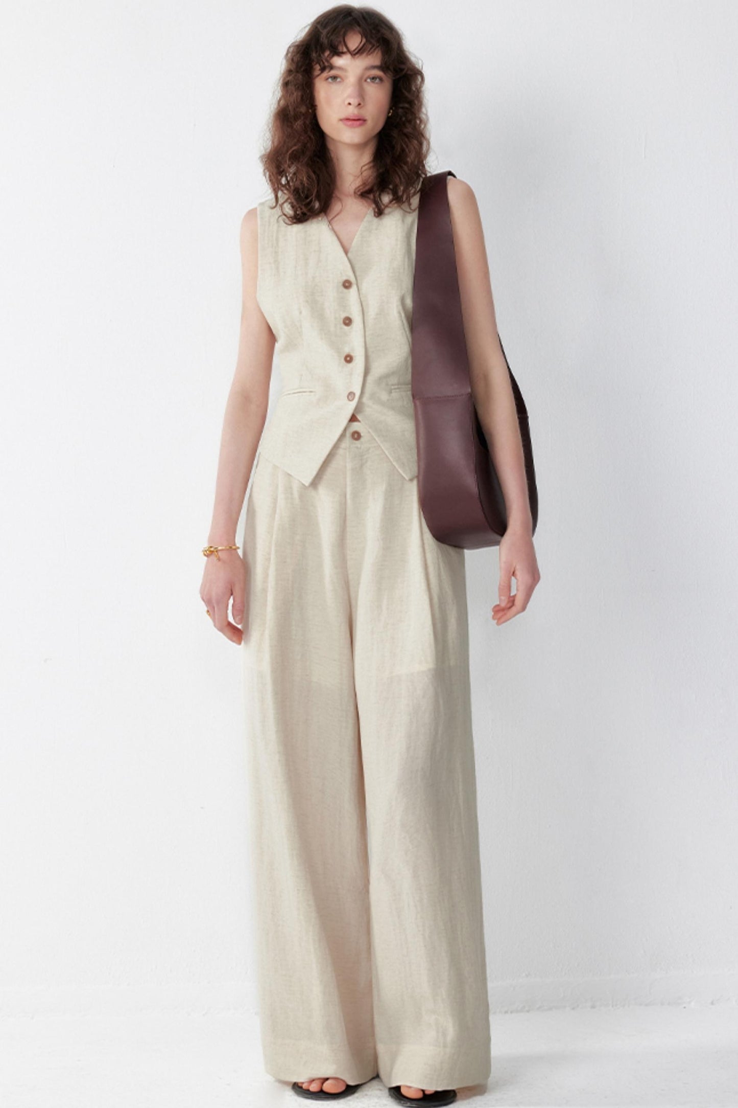 Pleated V-Neck Vest & Wide-Leg Trousers Set-Up