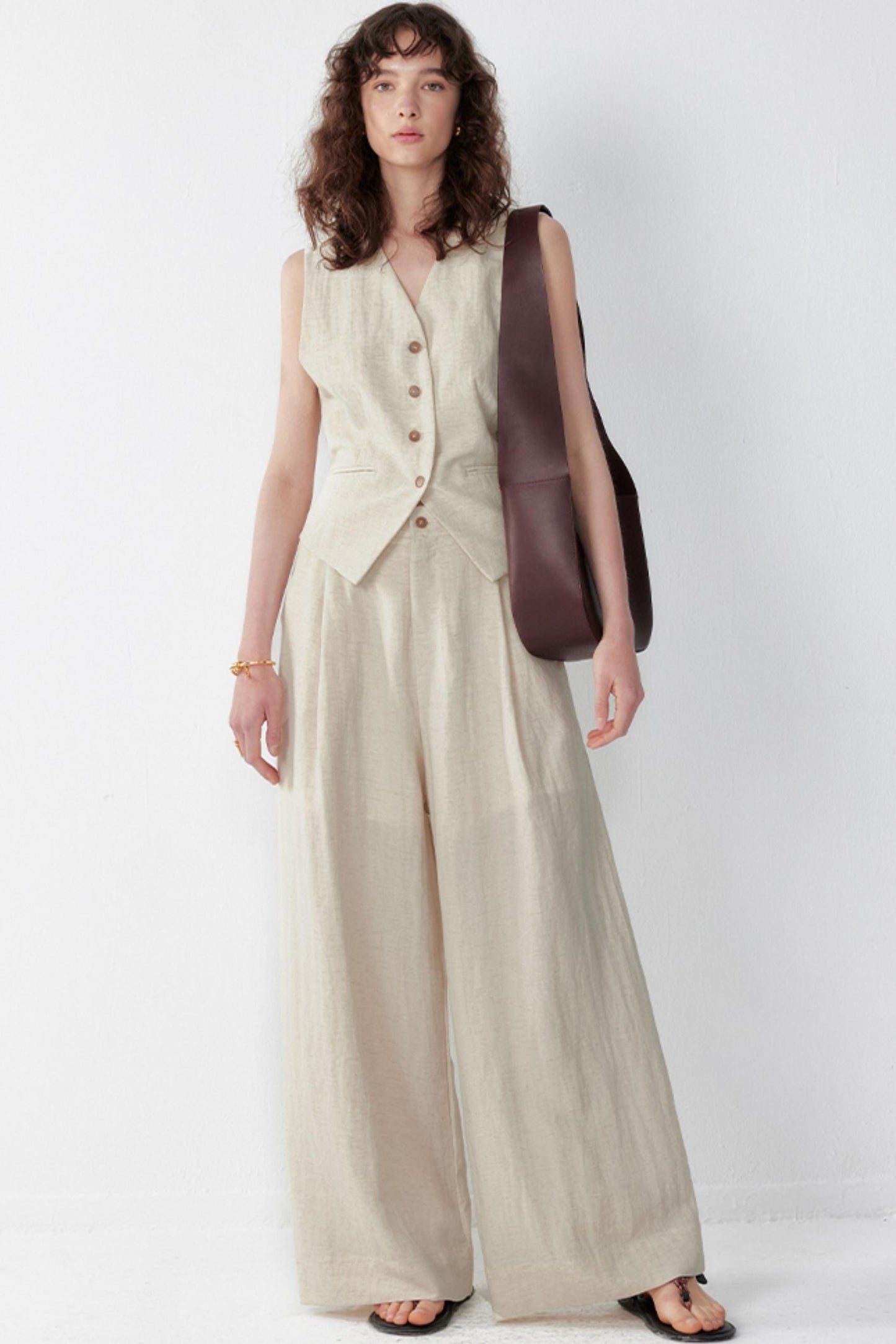 Pleated V-Neck Vest & Wide-Leg Trousers Set-Up