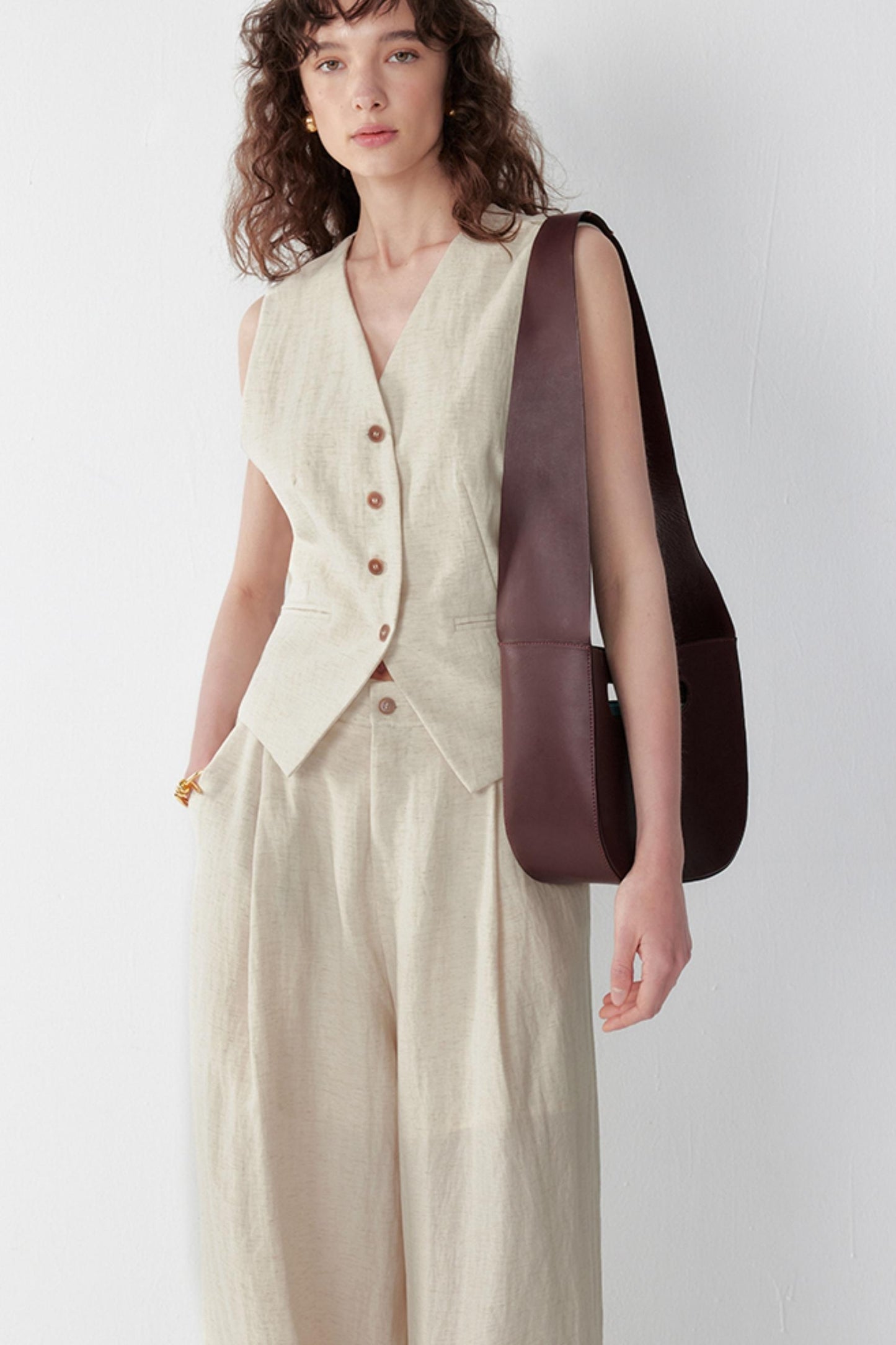 Pleated V-Neck Vest & Wide-Leg Trousers Set-Up