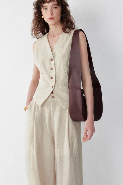 Pleated V-Neck Vest & Wide-Leg Trousers Set-Up