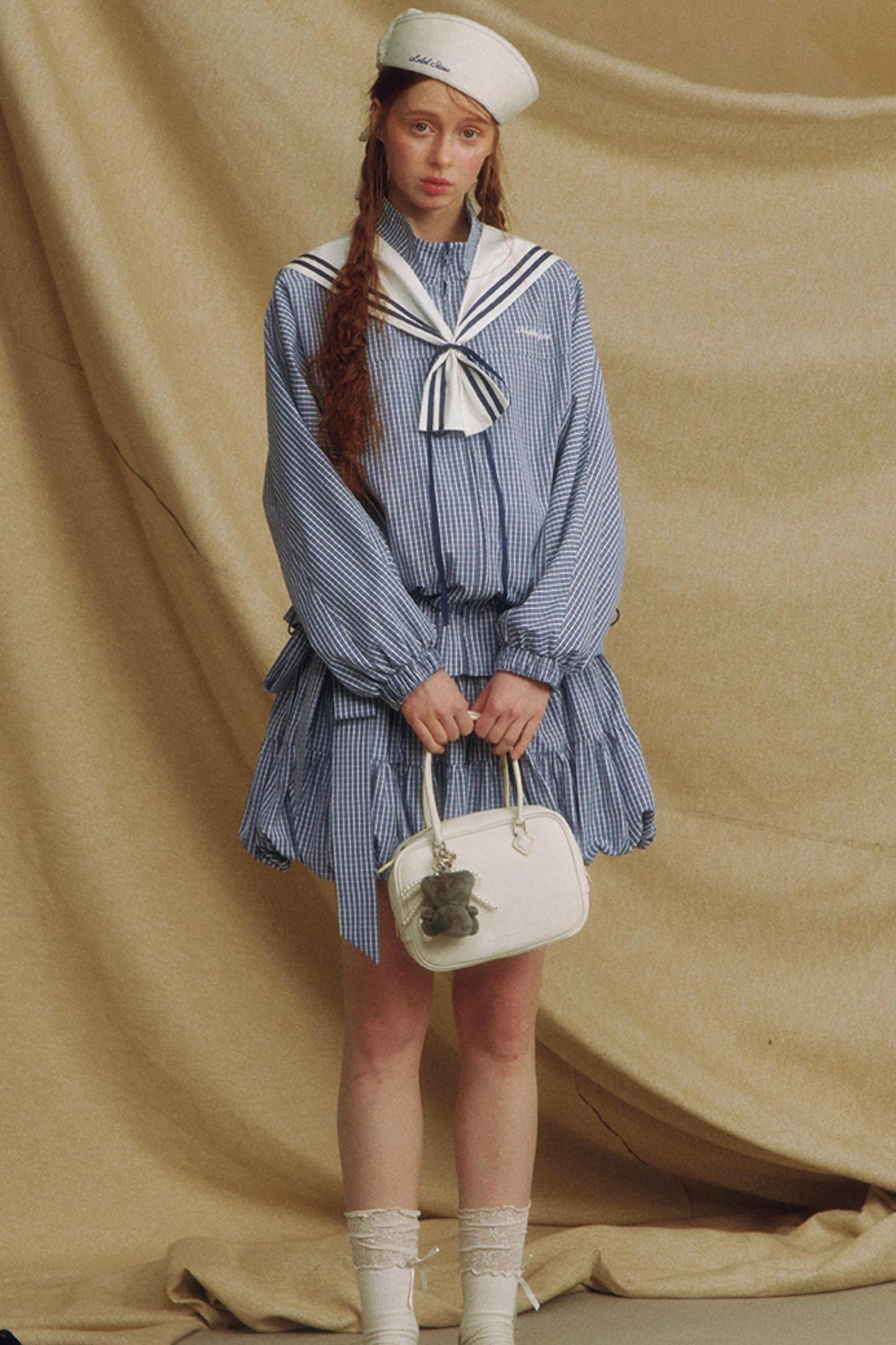 Navy Collar Plaid Jacket Set-Up