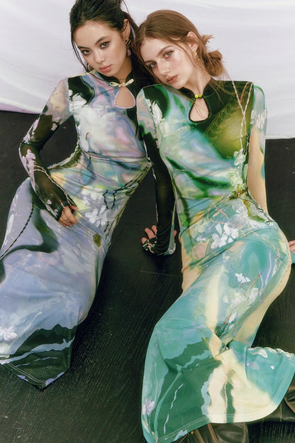 Golden Pearl Impressionist Cheongsam Dress