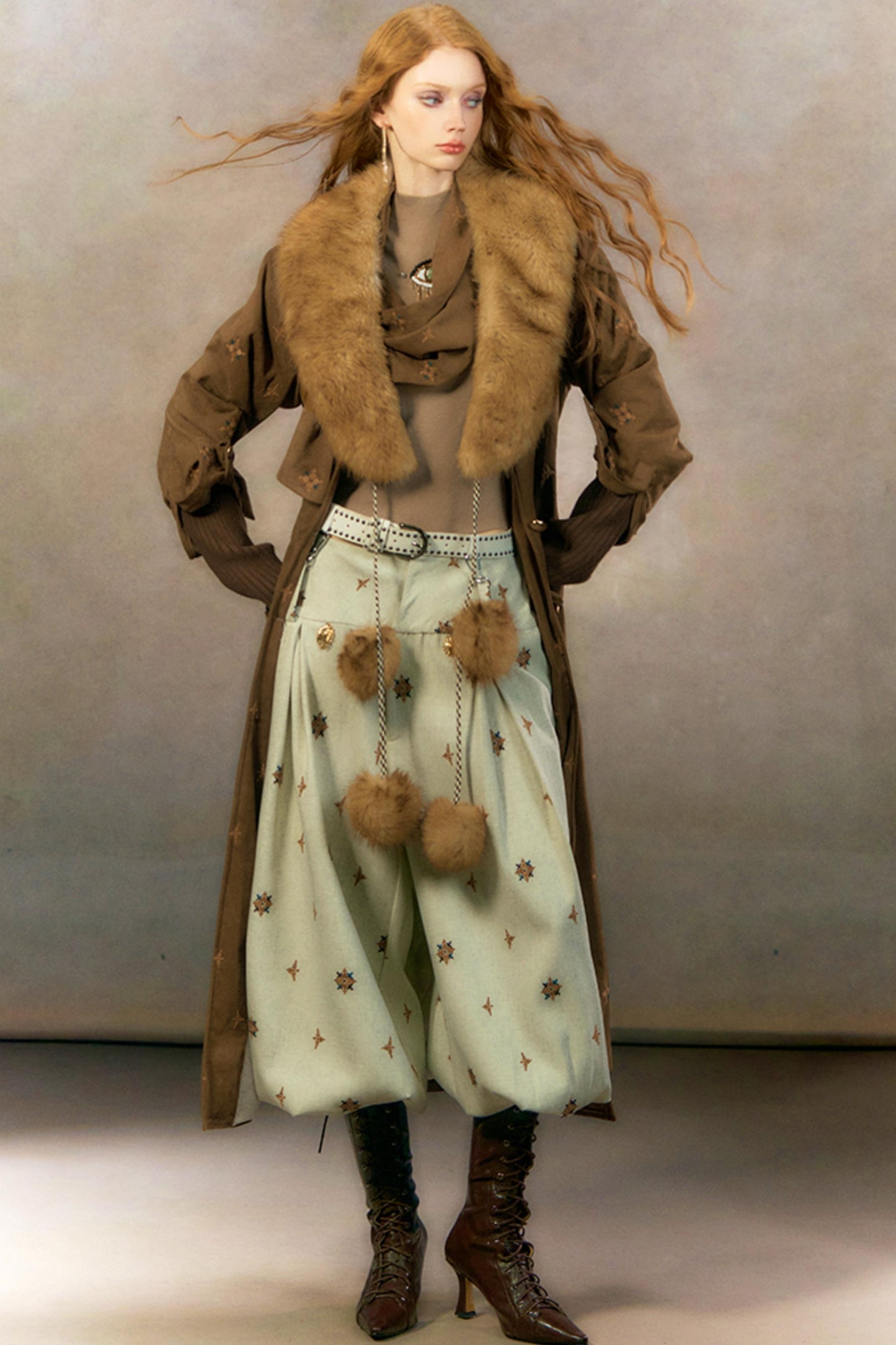 Retro Suede Coat With Fur Collar Set-Up