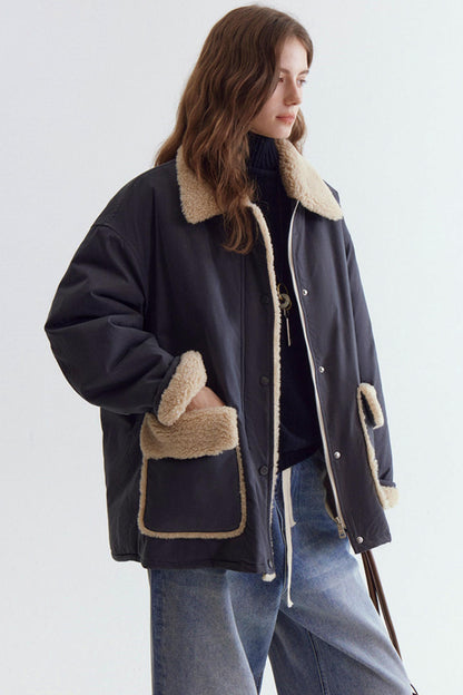 Color-Blocked Lamb Wool Coat