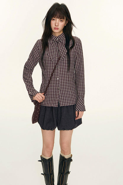 Original Plaid Embroidered Lace-Up Long Sleeve Shirt