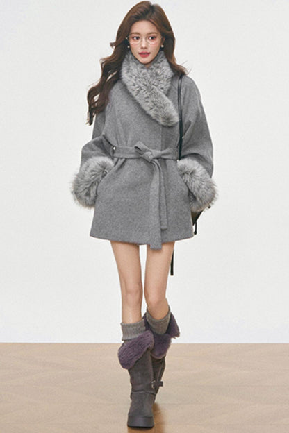 Fur Collar Lace-Up Coat Set-Up