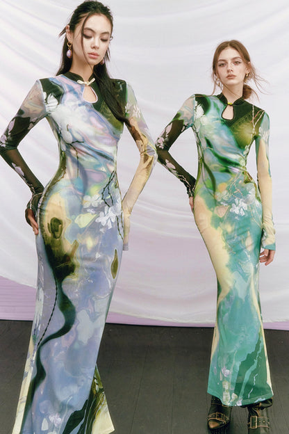 Golden Pearl Impressionist Cheongsam Dress