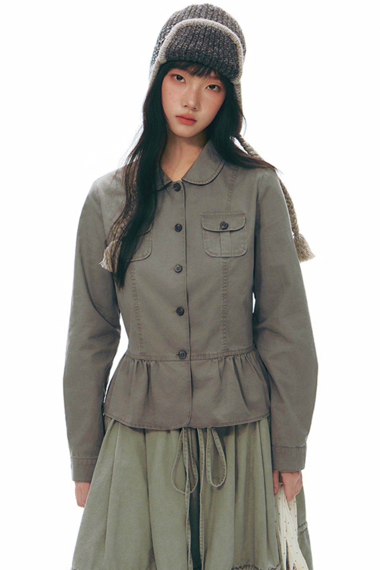 Distressed Doll Collar Cargo Coat