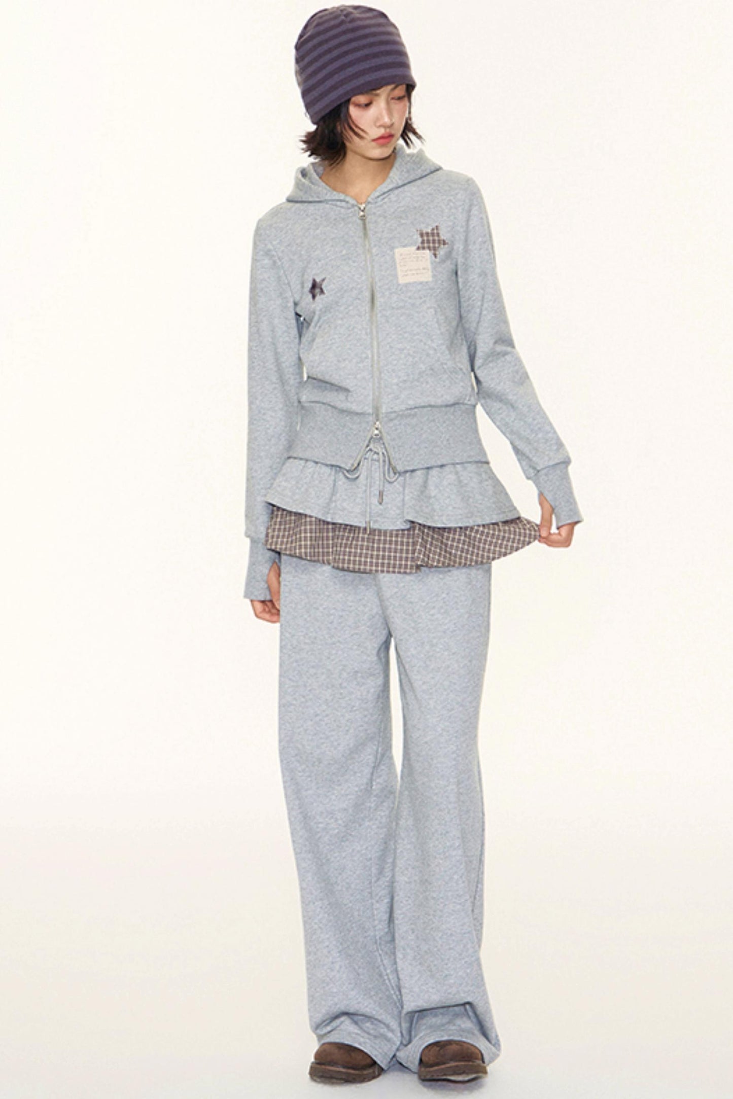 Star Patch Embroidered Hooded Cardigan Set-Up
