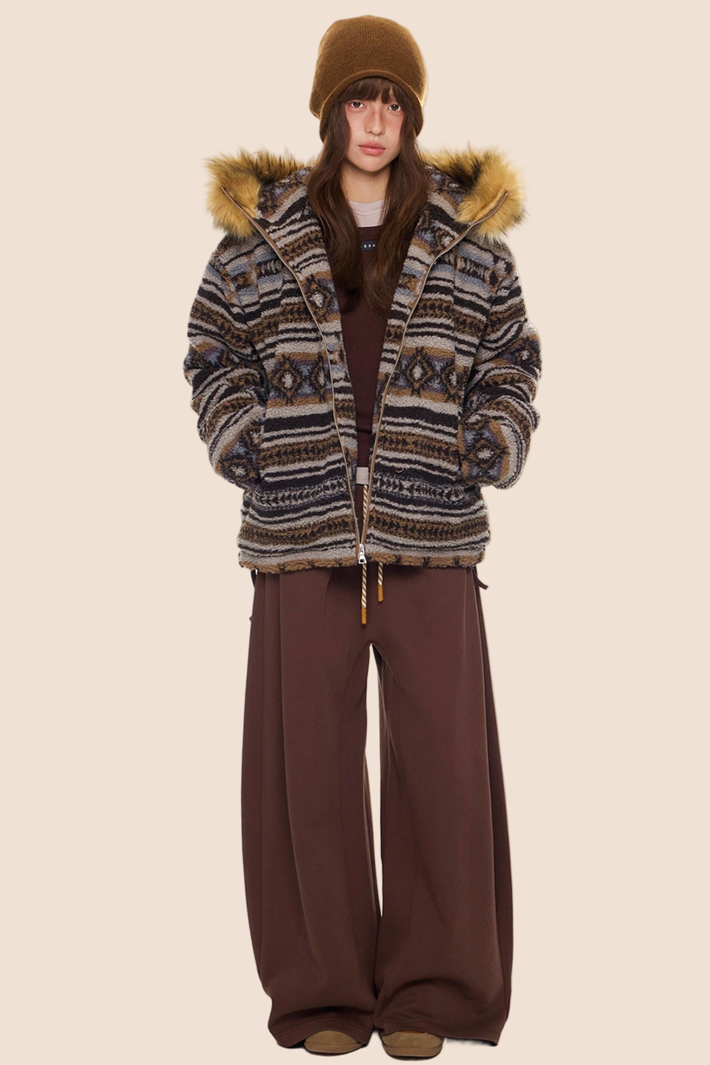 Ethnic Fur Collar Hooded Jacket