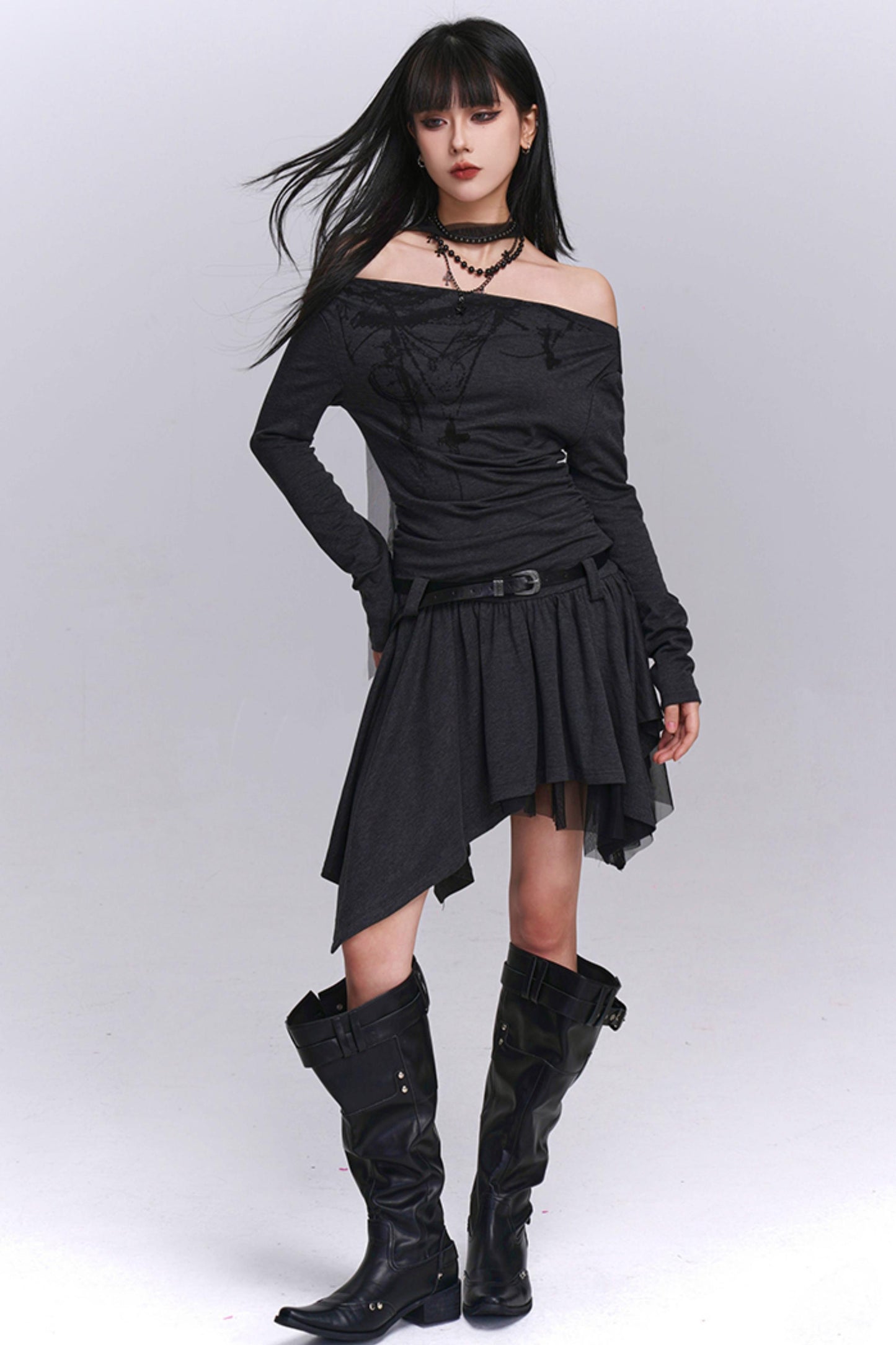 Gray Off-Shoulder Autumn Dress