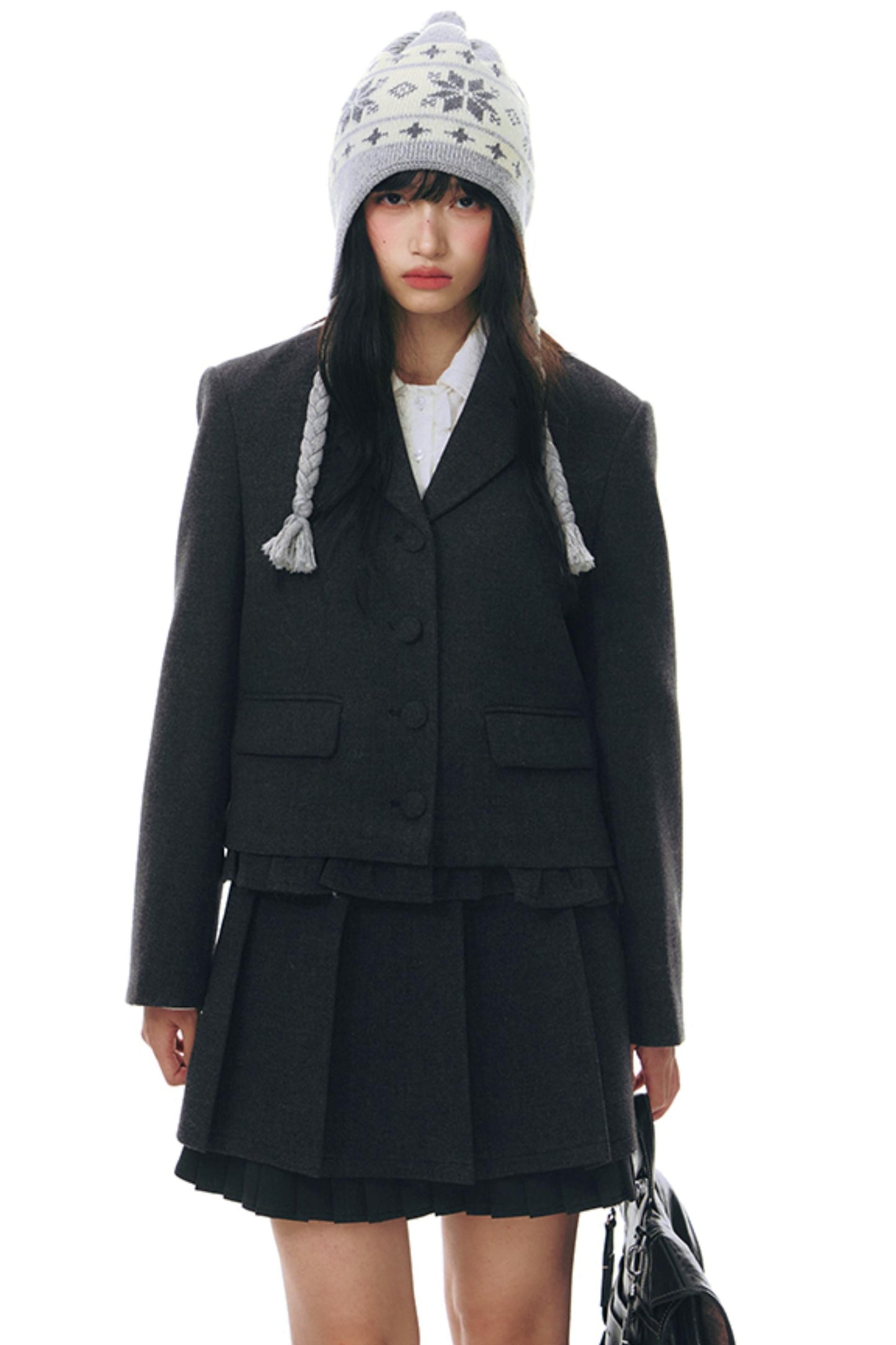 Ruffle Patchwork Woolen Pleated Skirt