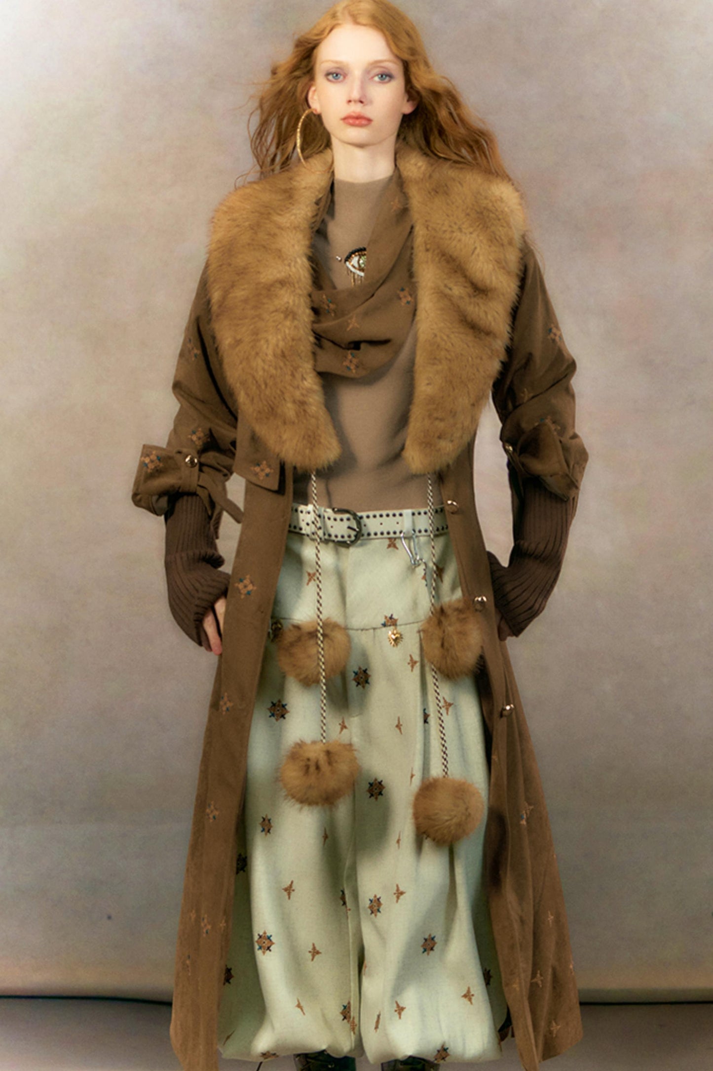 Retro Suede Coat With Fur Collar Set-Up