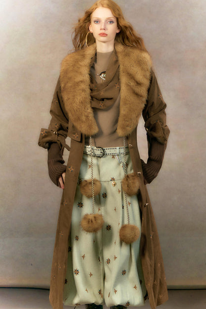 Retro Suede Coat With Fur Collar Set-Up