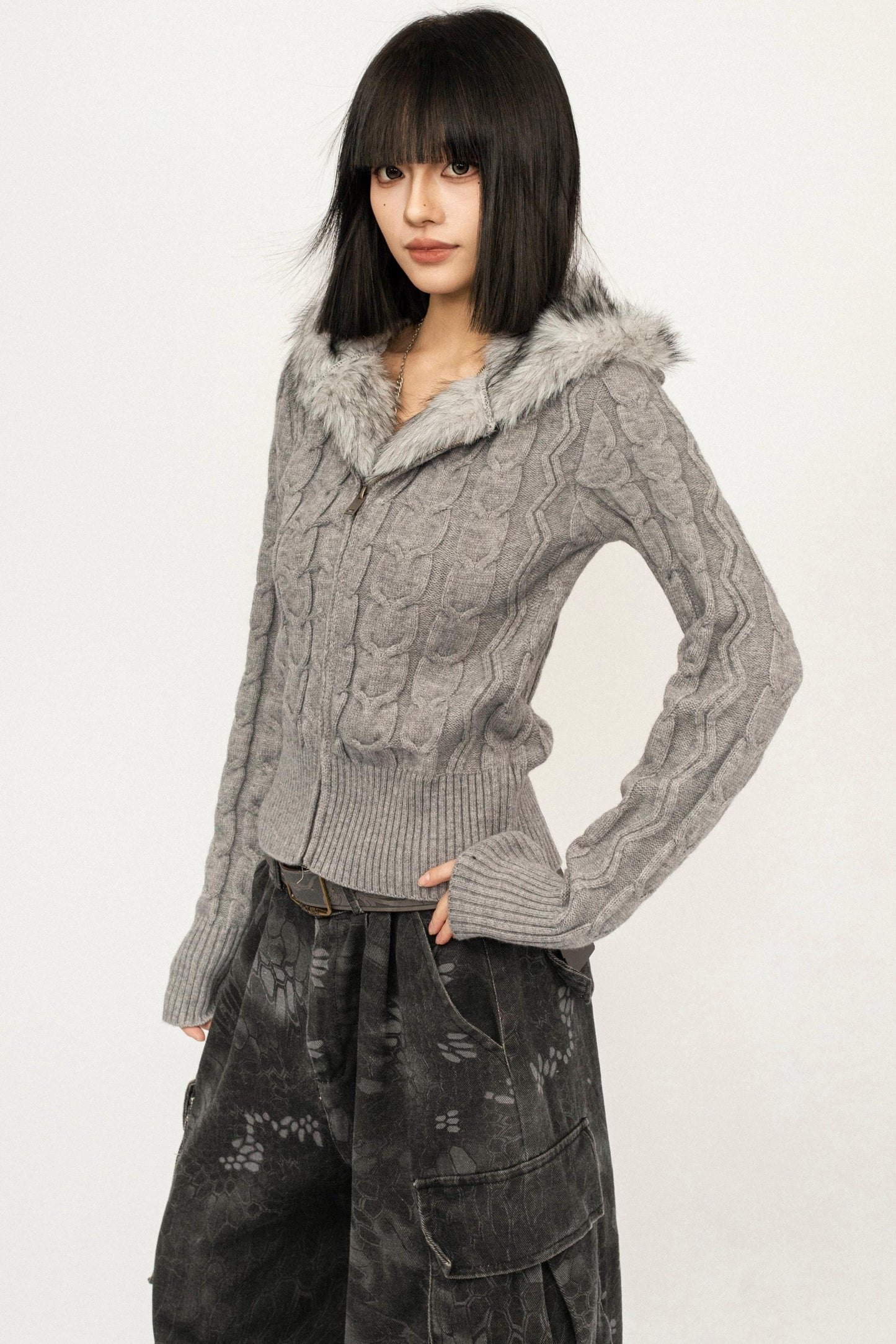 Retro Cable Knit Hooded Cardigan