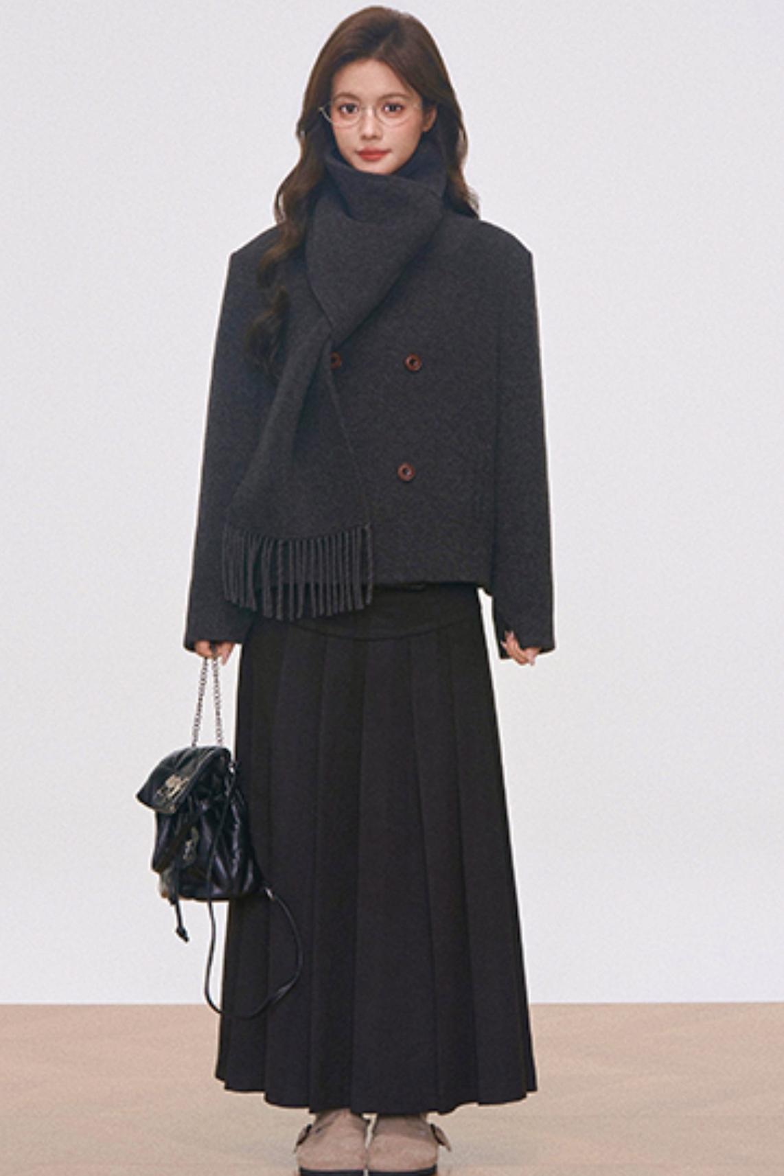 Woolen Coat with Scarf And Skirt Set-Up