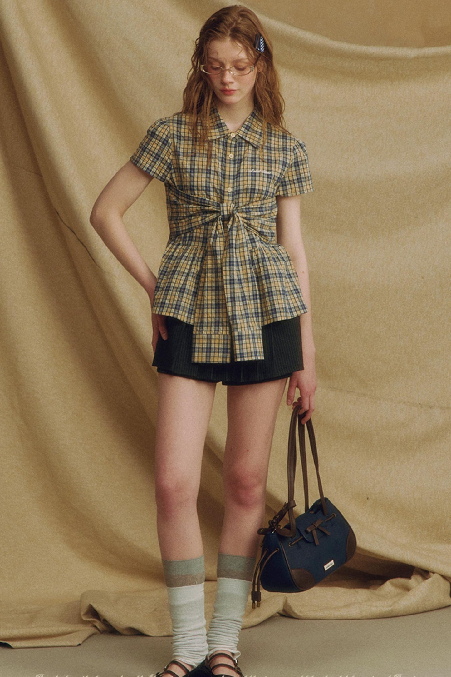 Chic Plaid Bow Tie Blouse