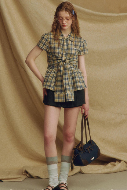 Chic Plaid Bow Tie Blouse