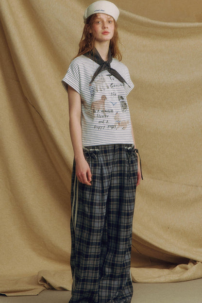 Chic Bow Tie Plaid Wide-Leg Trousers