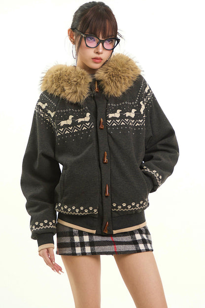 Retro Fair Isle Fur Collar Jacket