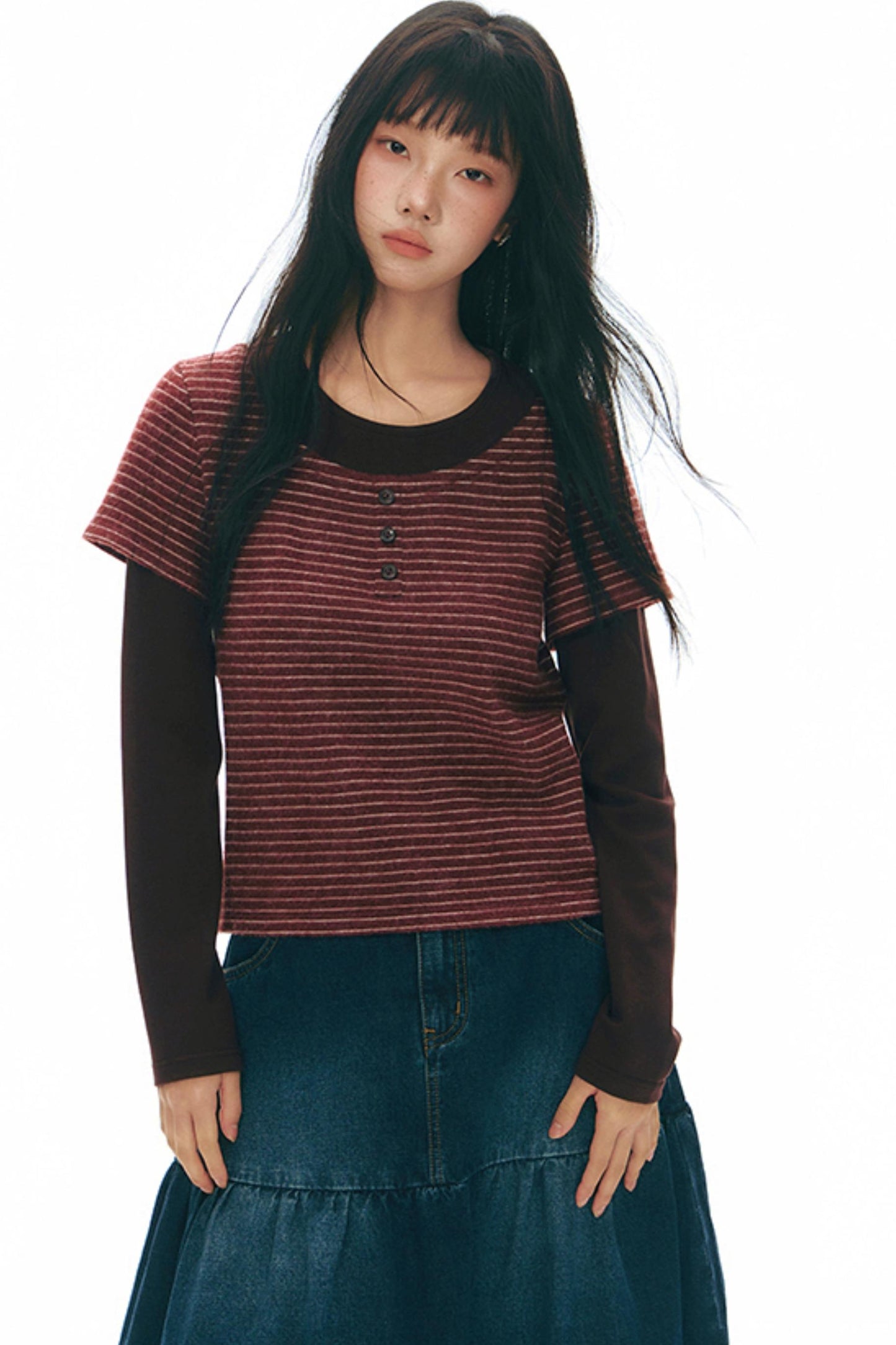 Brushed Stripe Round Neck Long Sleeve Top