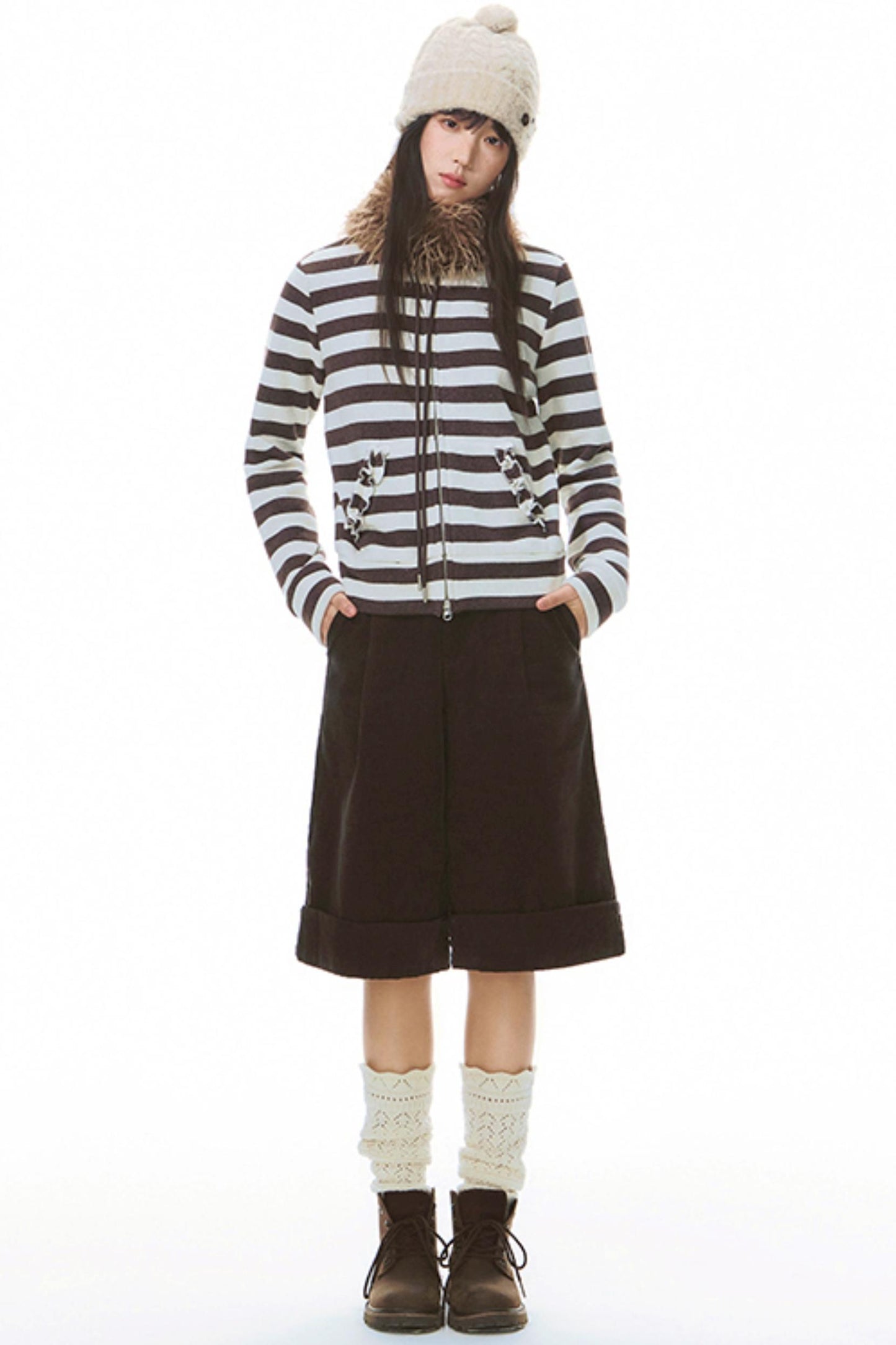Stand-Up Striped Sweatshirt Jacket Set-Up