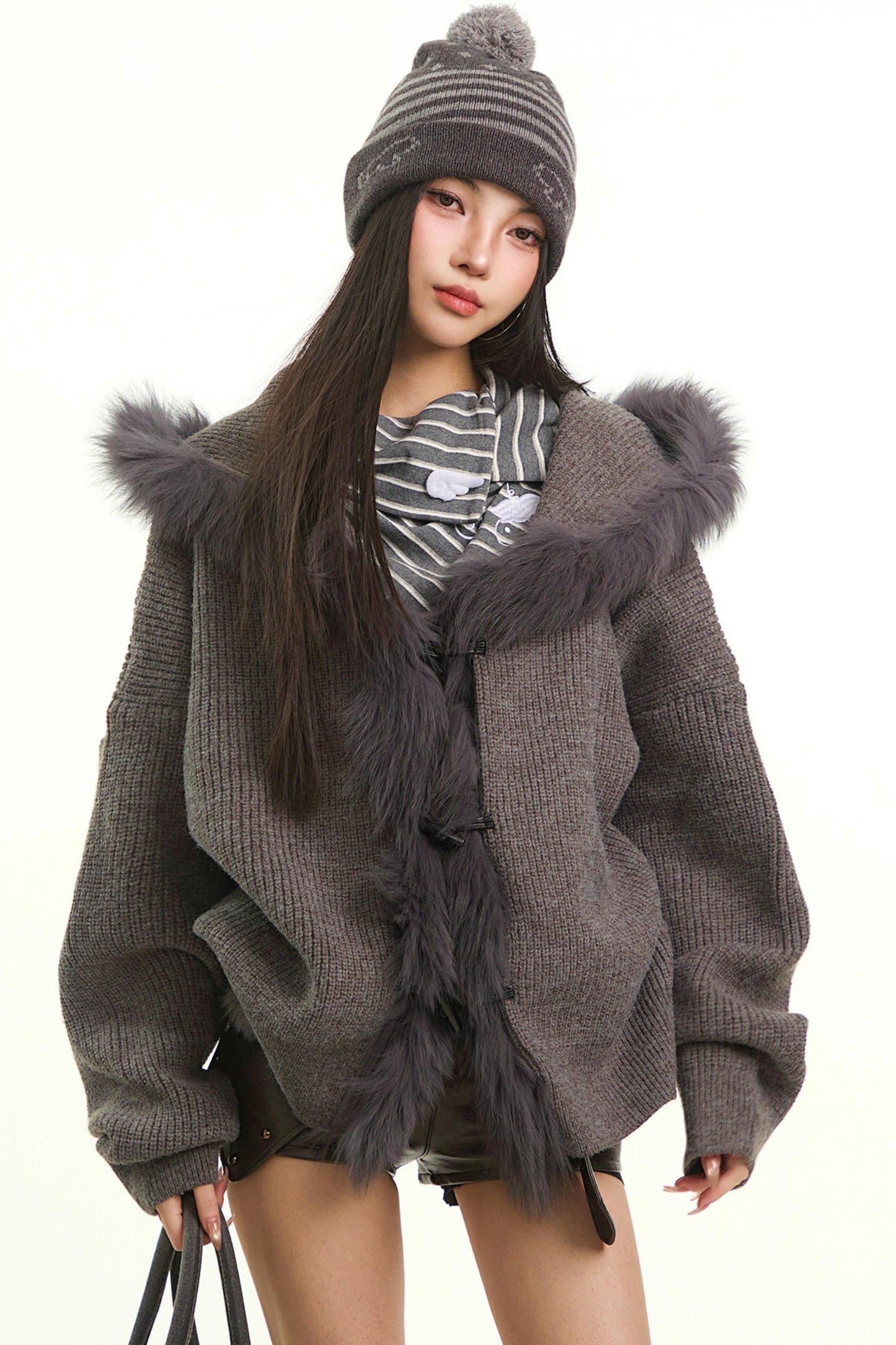 Retro Gray Fur Collar Cardigan Jacket
