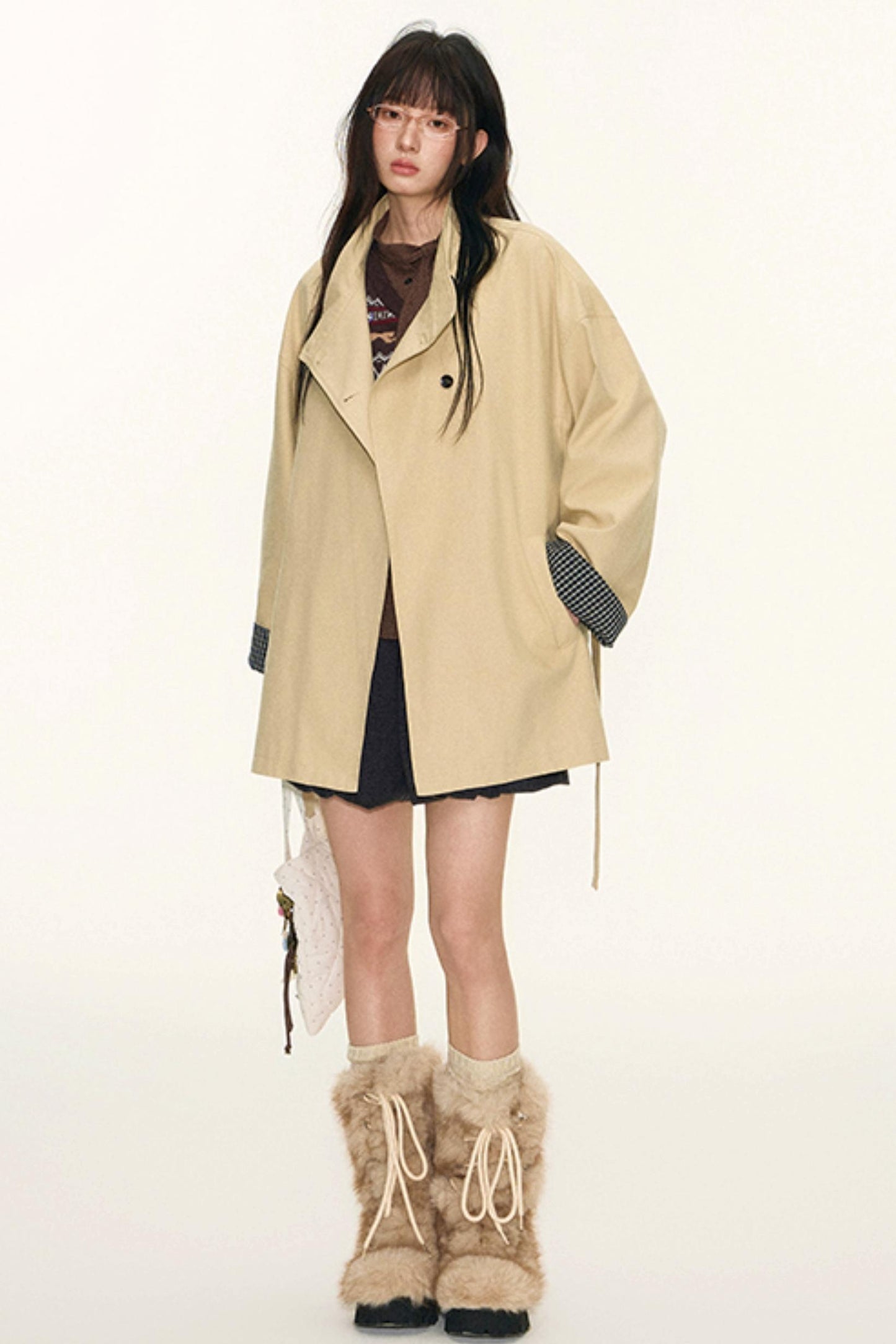 Dual-Purpose Plaid Patchwork Trench Coat